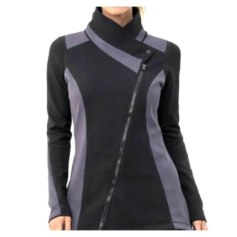 CAbi Jacket Womens Sz‎ M Dash Asymmetric Track Black Gray Pockets Full Zip